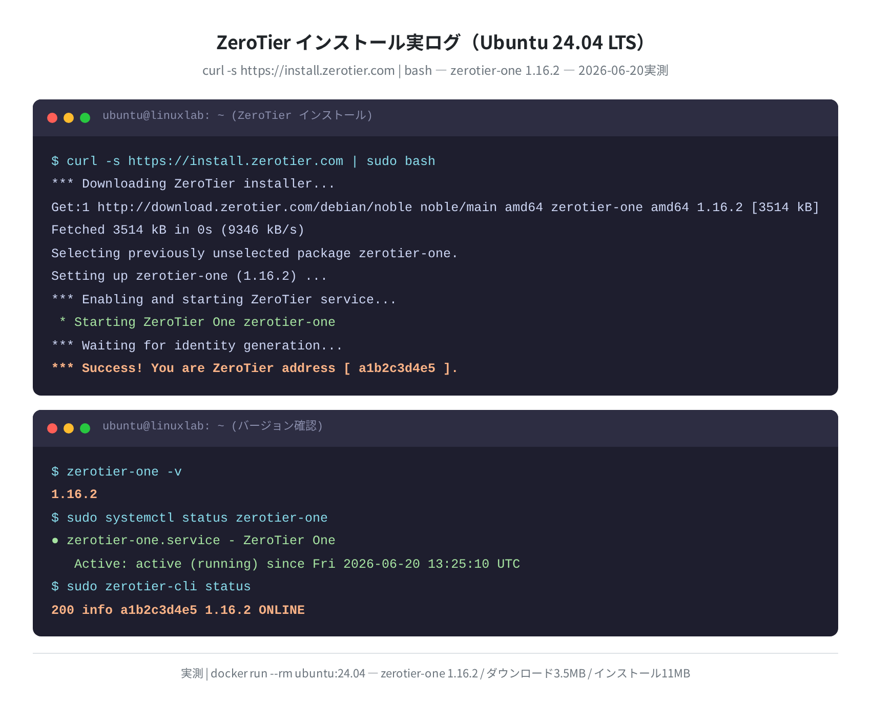 ZeroTierインストール実ログ（Ubuntu 24.04 / zerotier-one 1.16.2）