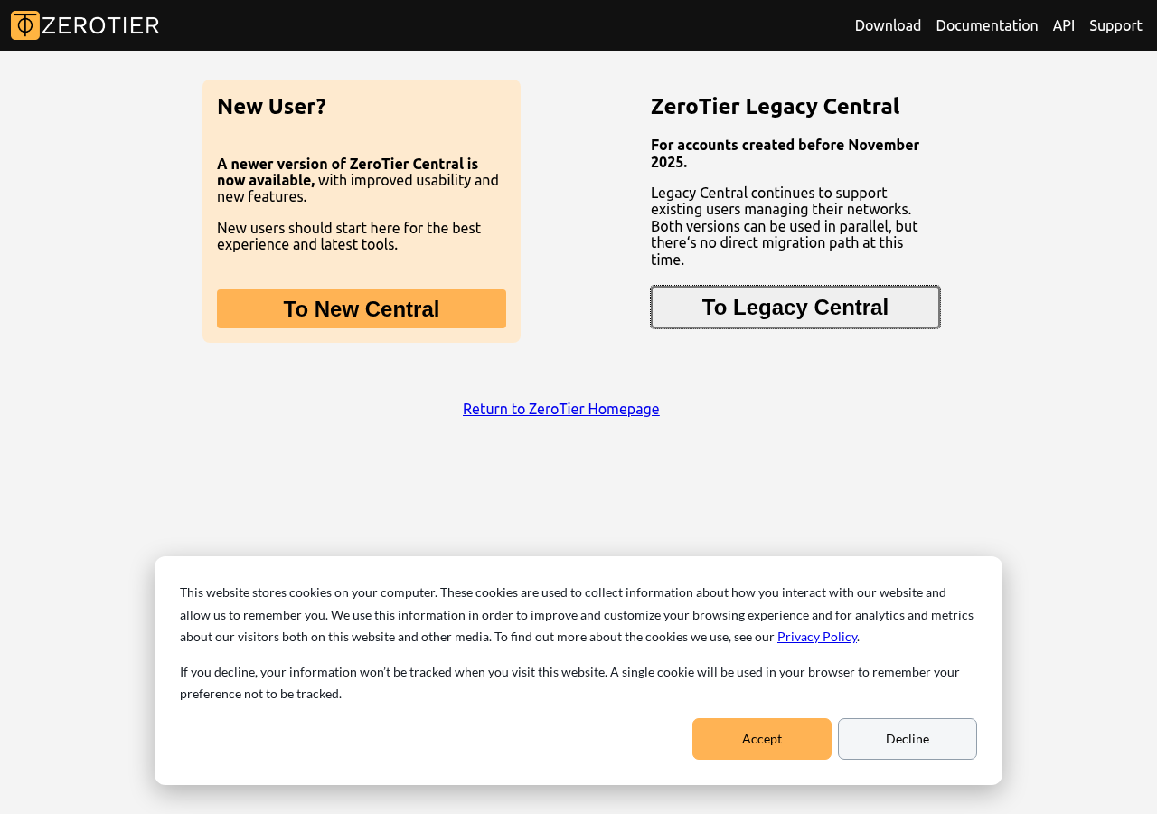 ZeroTier Central のログインページ（my.zerotier.com）