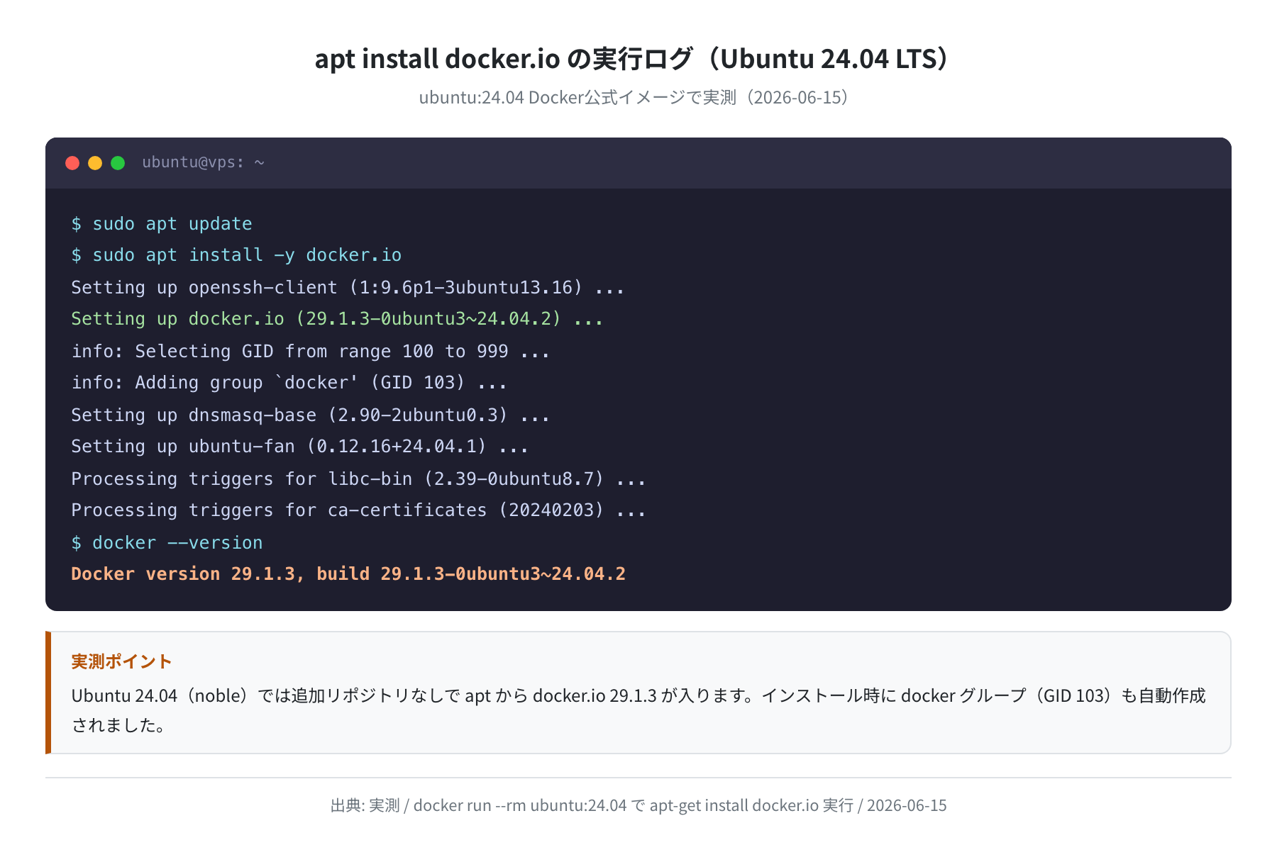 apt install docker.io の実ログ(ubuntu:24.04 / docker.io 29.1.3・実測)