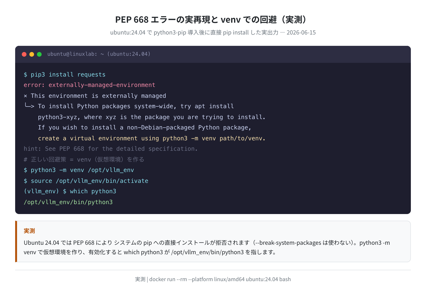 PEP 668 エラーの実再現と venv での回避(実測)