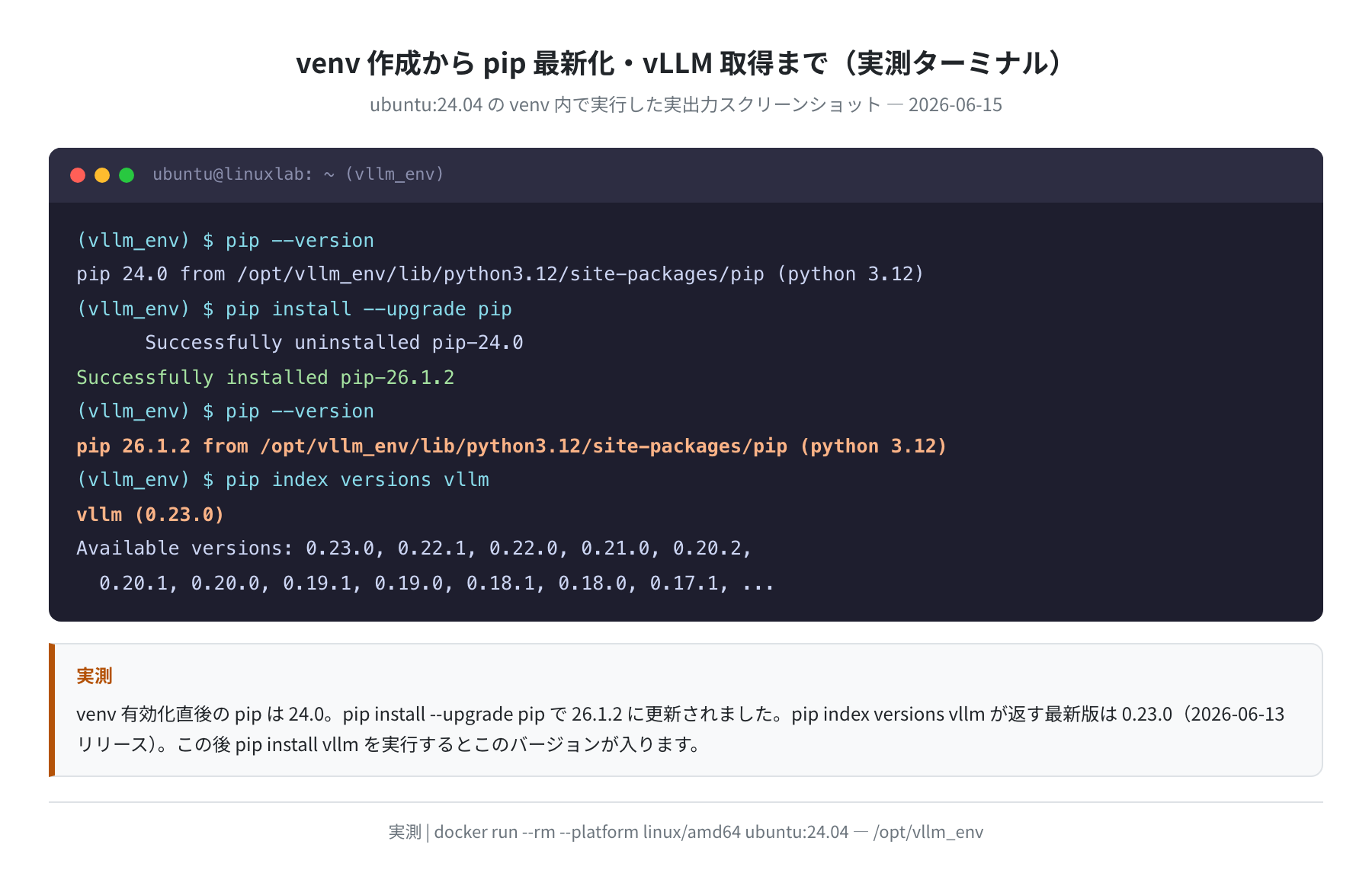 venv作成からpip最新化・vLLM取得までの実測ターミナル