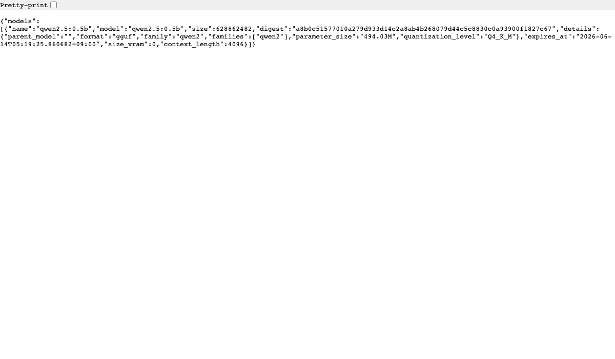 ブラウザで http://localhost:11434/api/ps を開いた画面。size_vramフィールドが確認できる