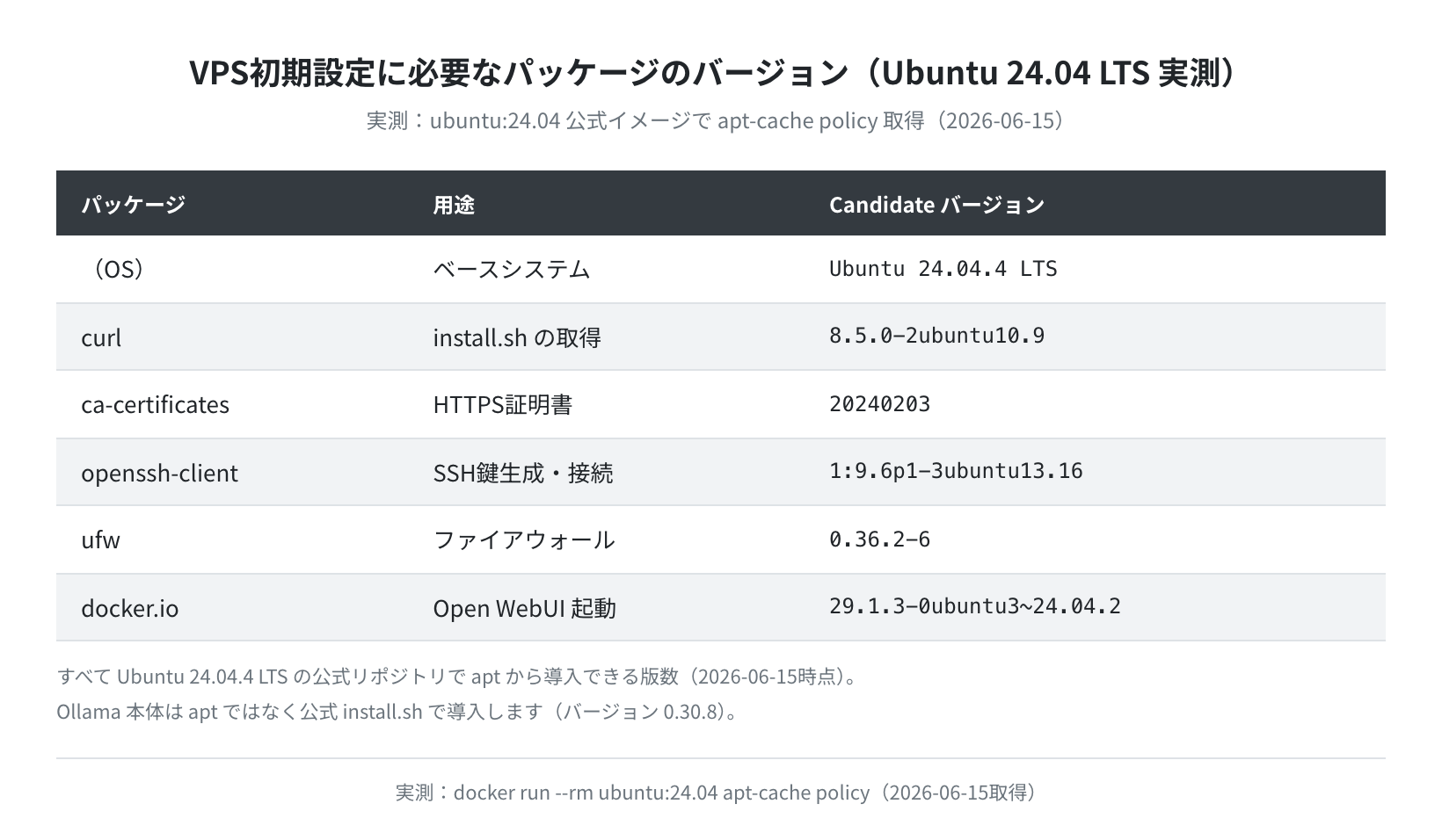 Ubuntu 24.04 必要パッケージのバージョン一覧（実測）