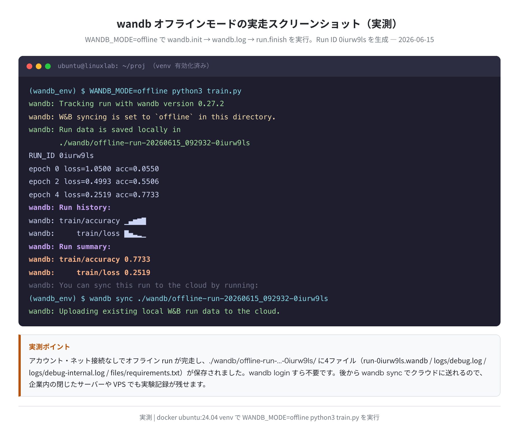 wandb オフラインモードの実走スクリーンショット(実測)