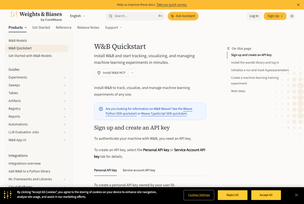 wandb Quickstart ドキュメントページ(docs.wandb.ai・Playwright 実撮影)