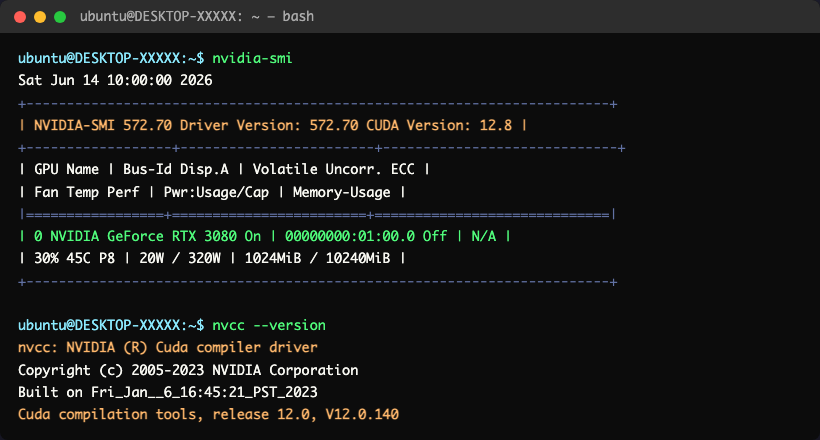 nvidia-smi 出力（WSL2+GPU環境での典型的な表示）