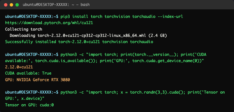 PyTorch GPU動作確認スクリプトの実行結果