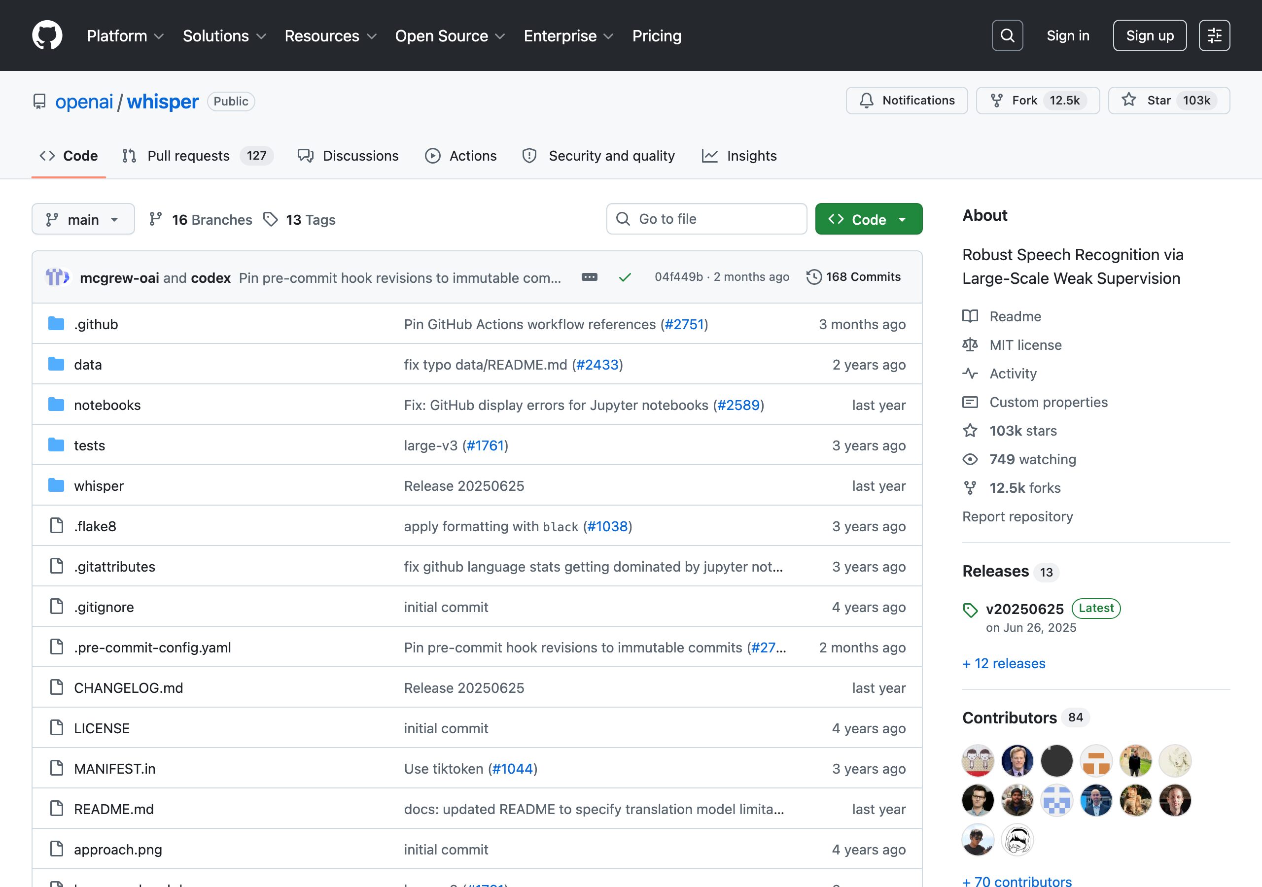 openai/whisper GitHubリポジトリ(2026-06-15撮影)