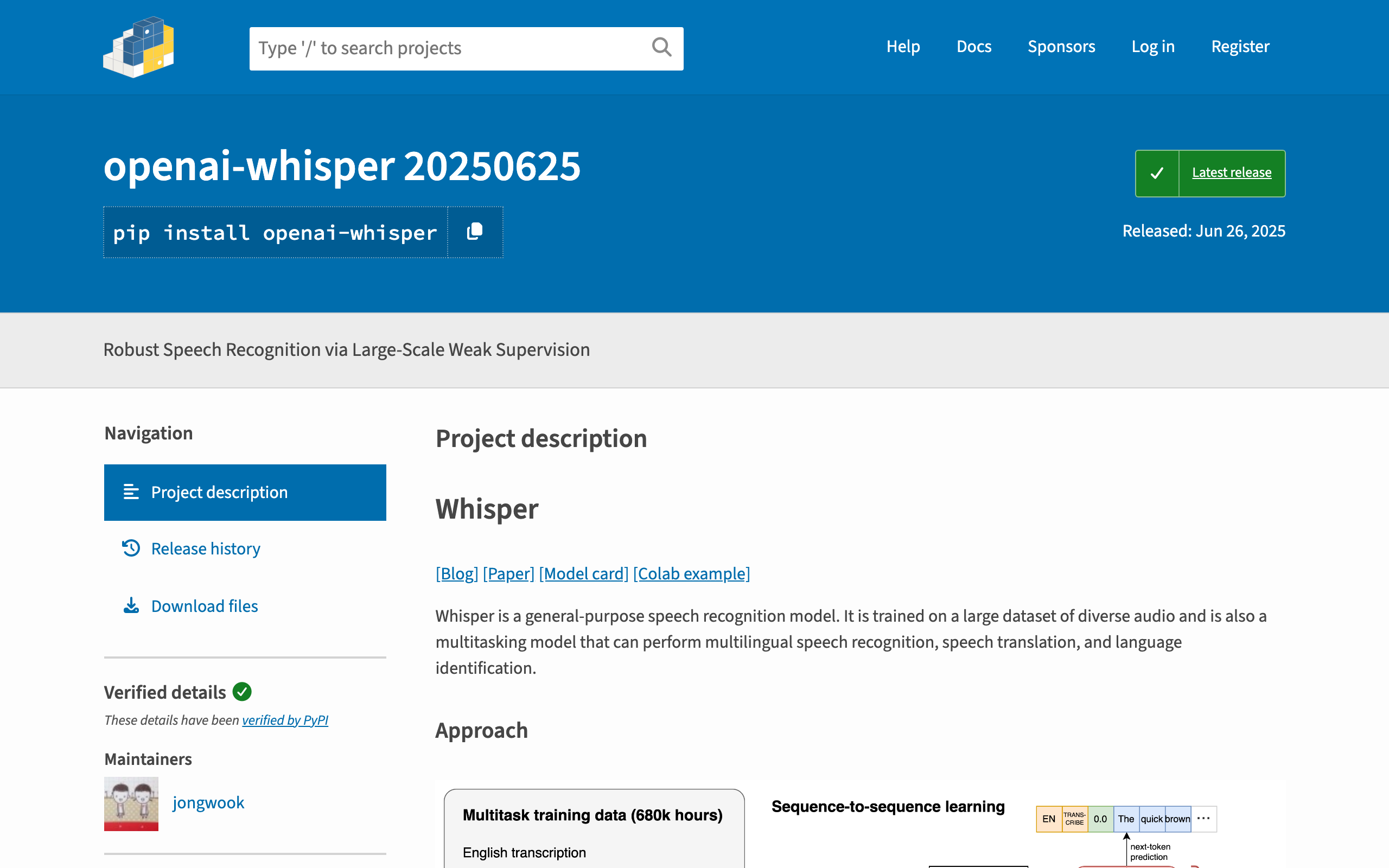 openai-whisper PyPI公式ページ(2026-06-15撮影)