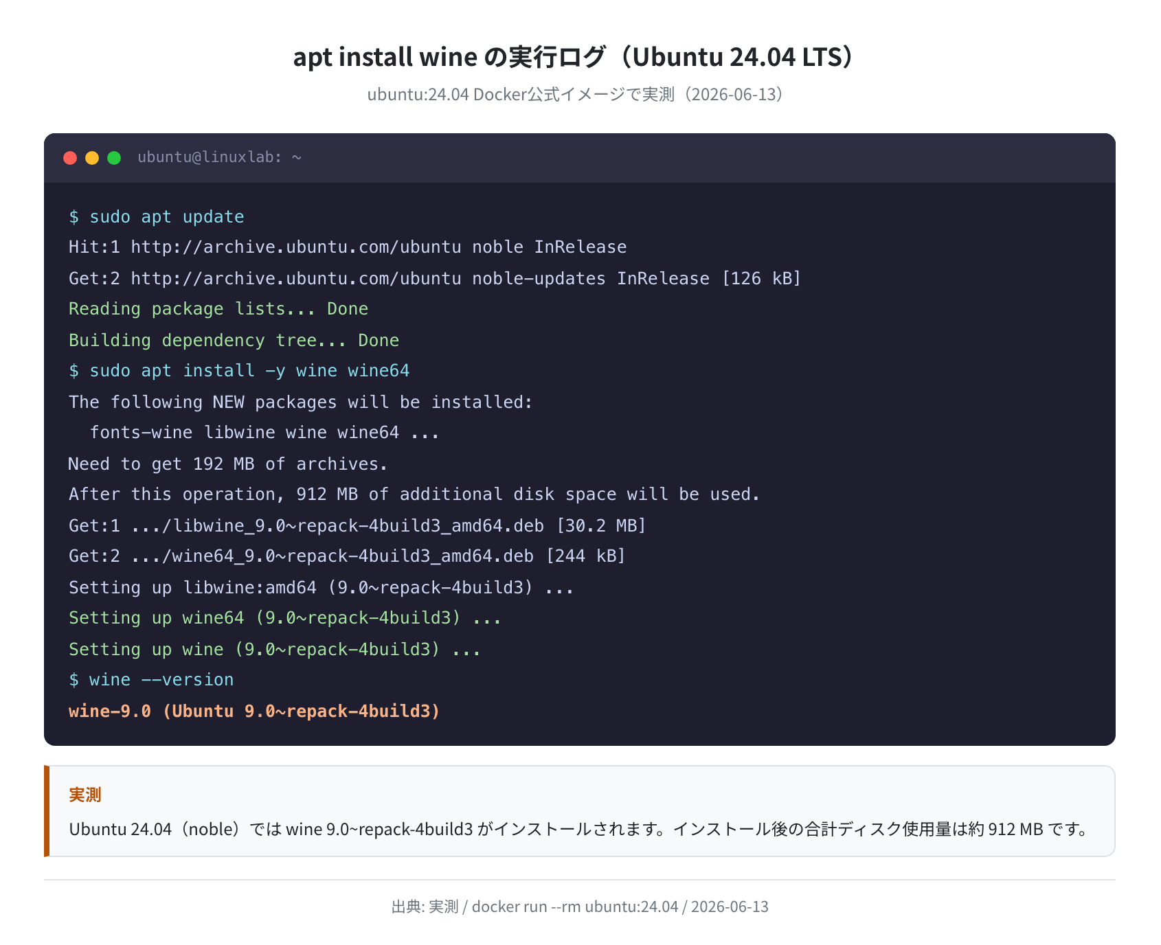 apt install wine の実行ログ(Ubuntu 24.04 実測)