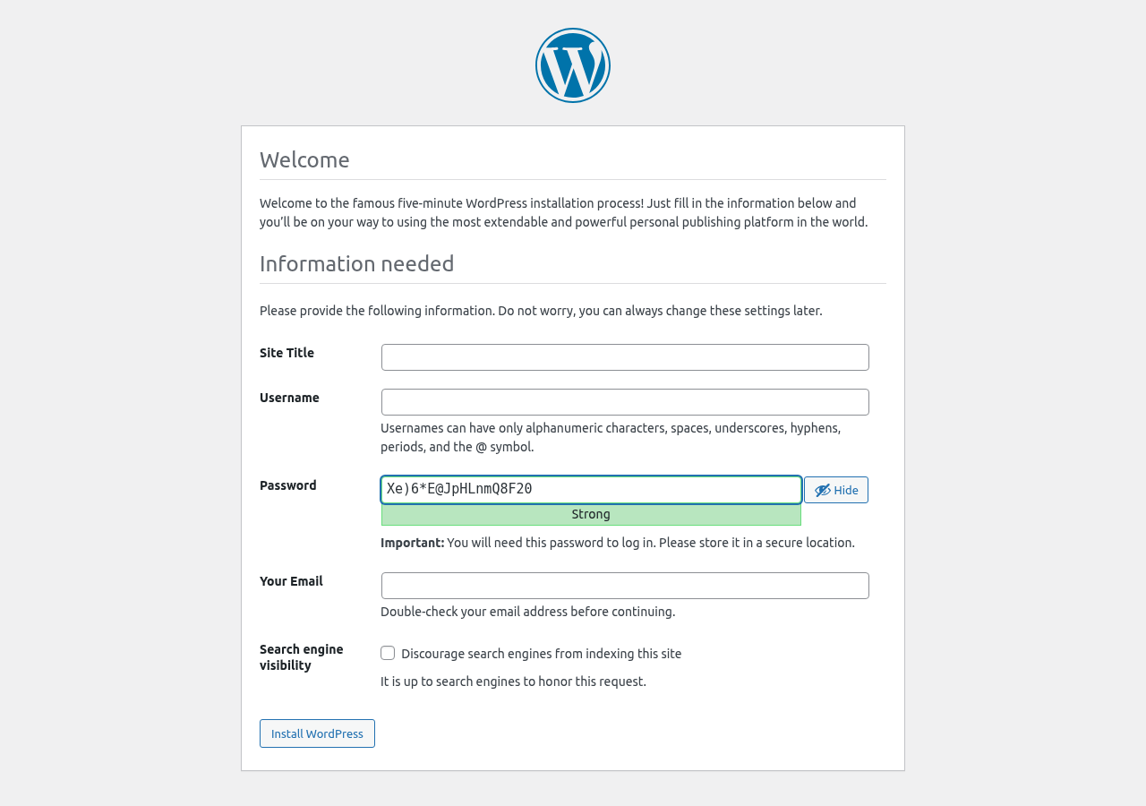 WordPress インストール画面（localhost:8080）