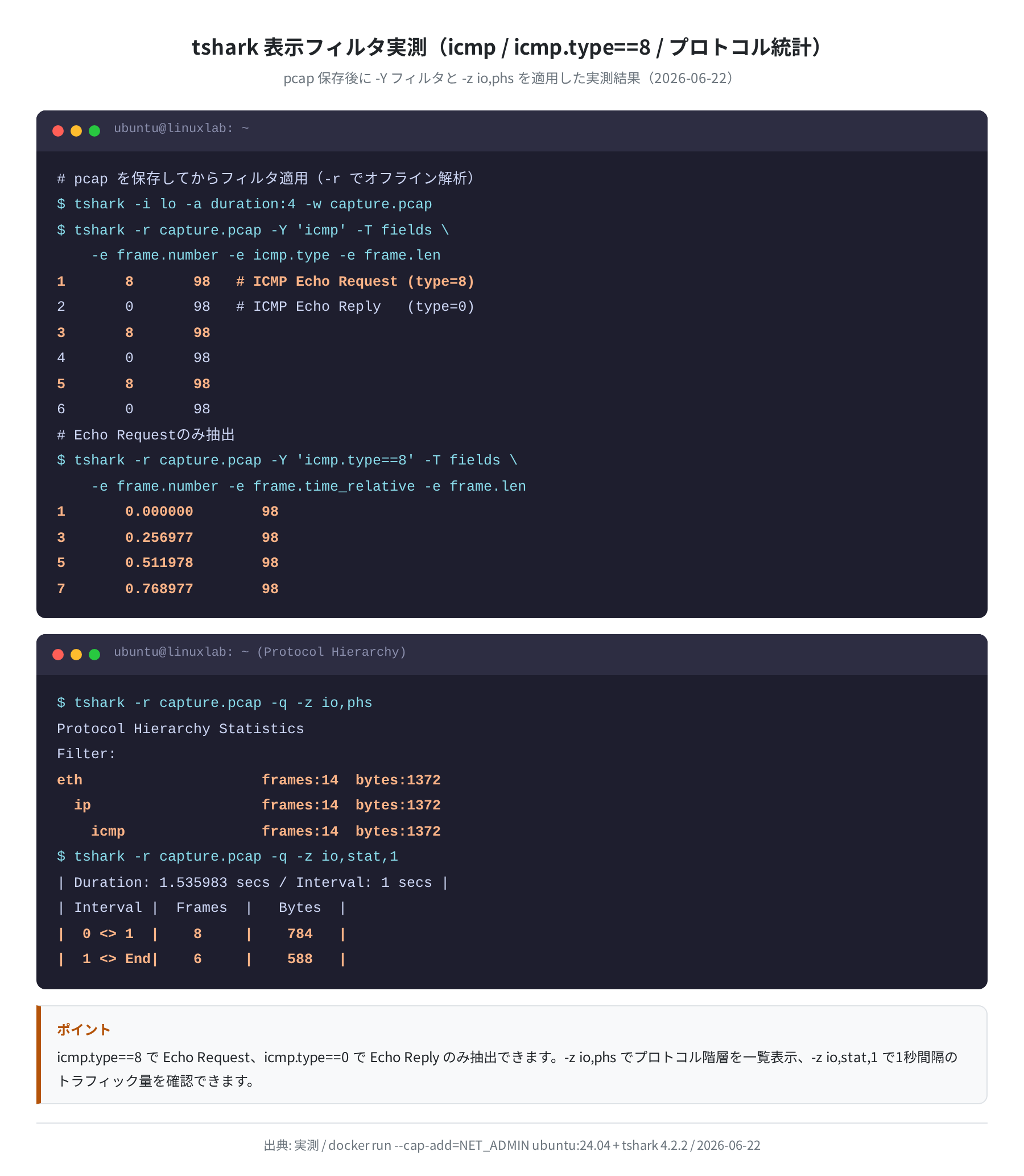 tshark 表示フィルタ実測（icmp / icmp.type==8 / プロトコル統計）