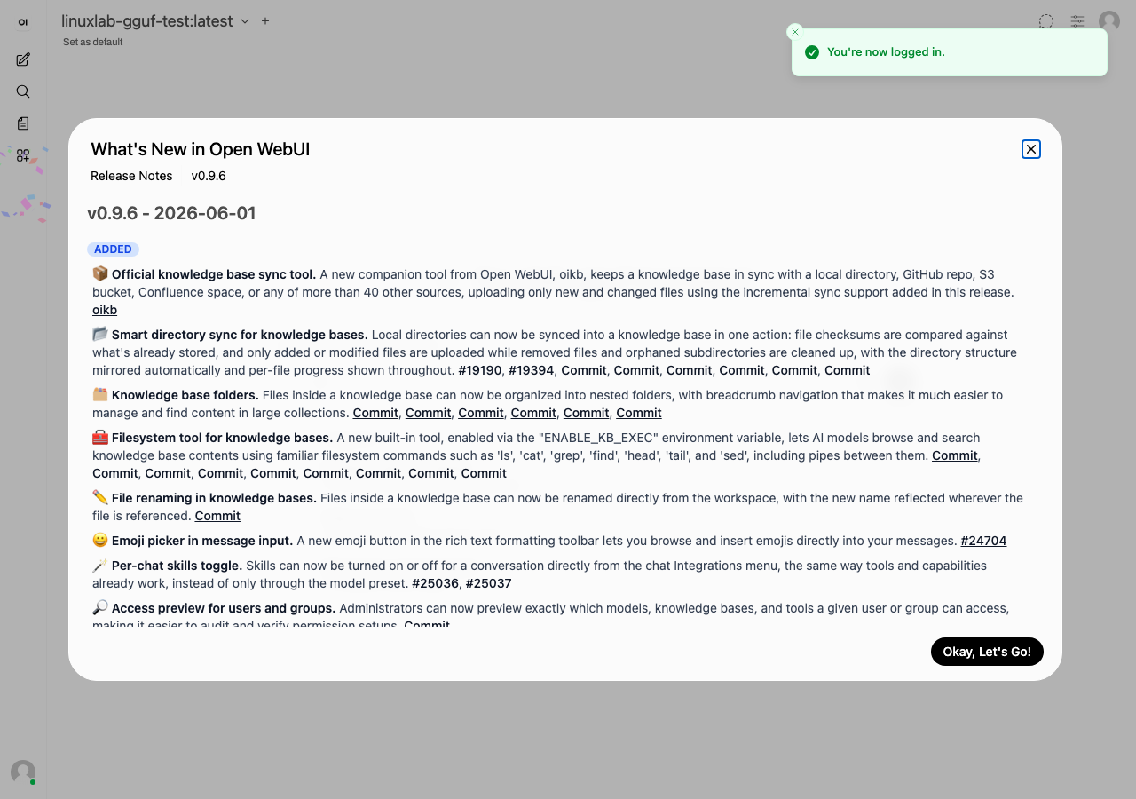 Open WebUI トップ画面（Dockerで起動、実撮影）