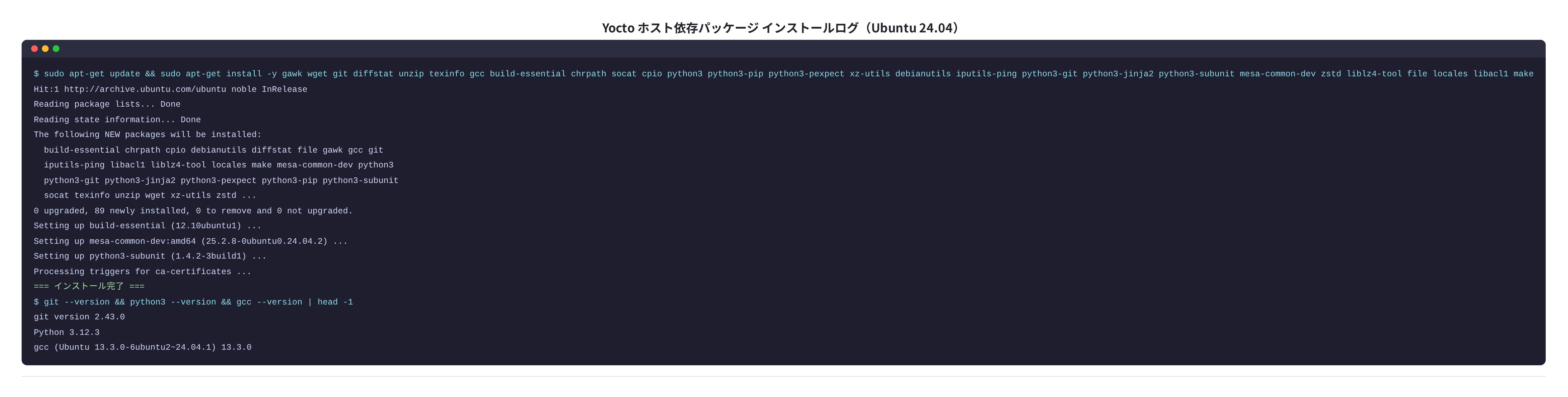 Yocto ホスト依存パッケージ インストールログ(Ubuntu 24.04 実測)