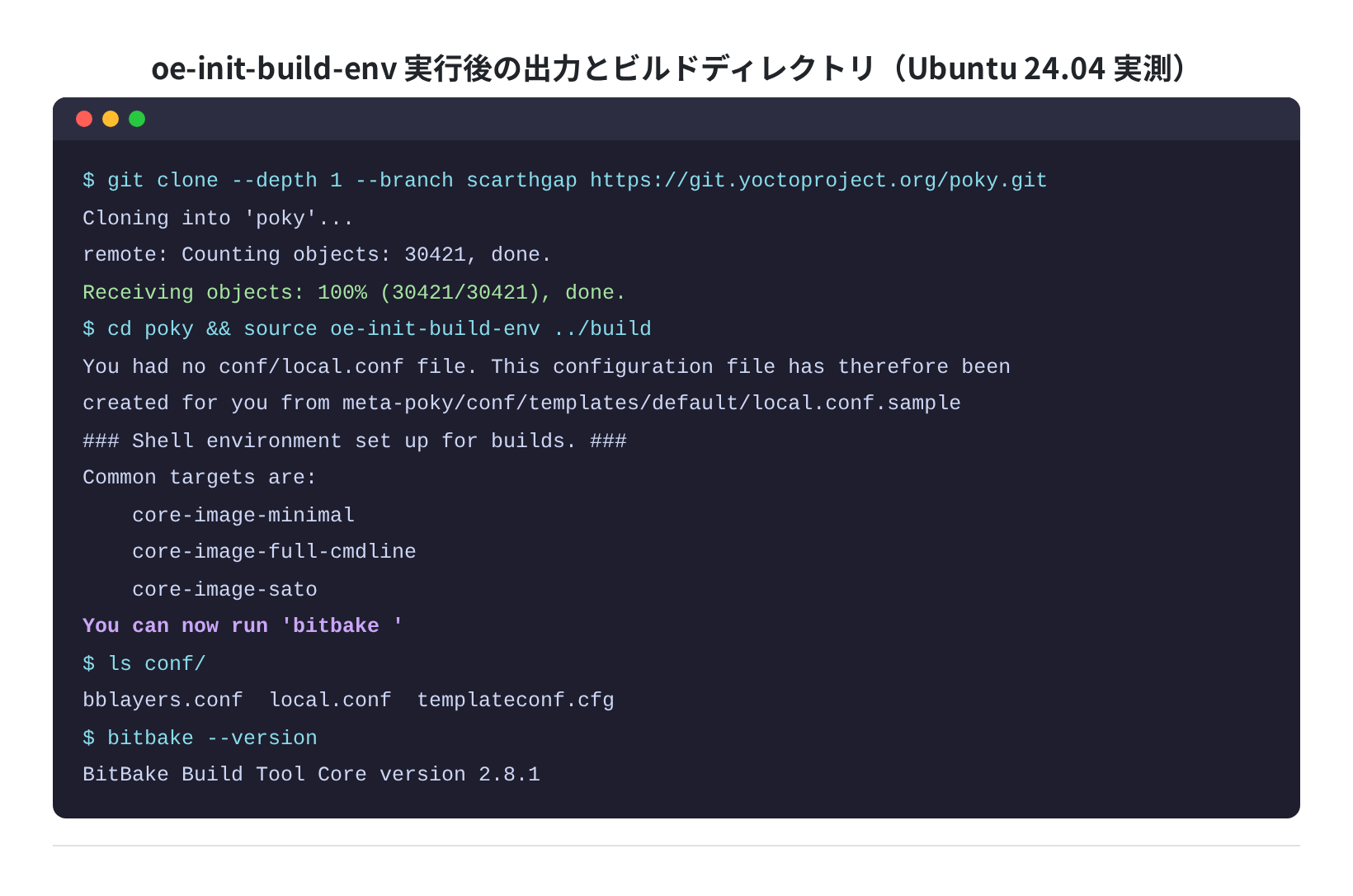 oe-init-build-env 実行後の出力と BitBake バージョン(実測)
