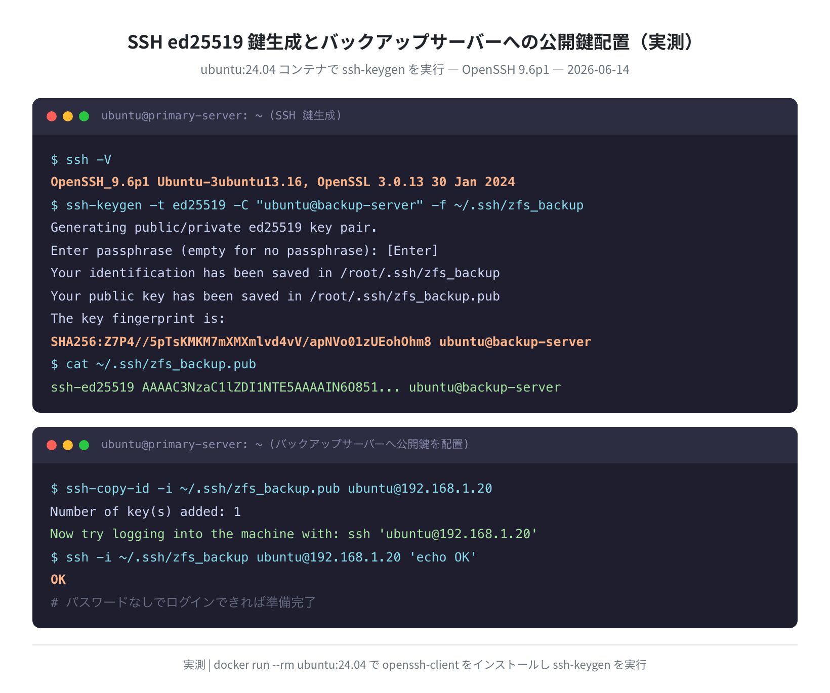 SSH ed25519 鍵生成の実行結果（ubuntu:24.04 実測）