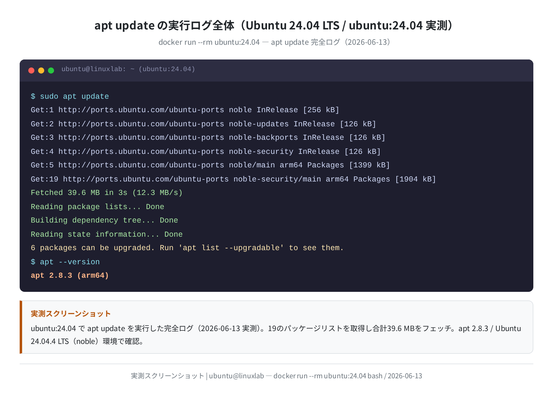 apt update 完全実行ログ(ubuntu:24.04 実測 2026-06-13)