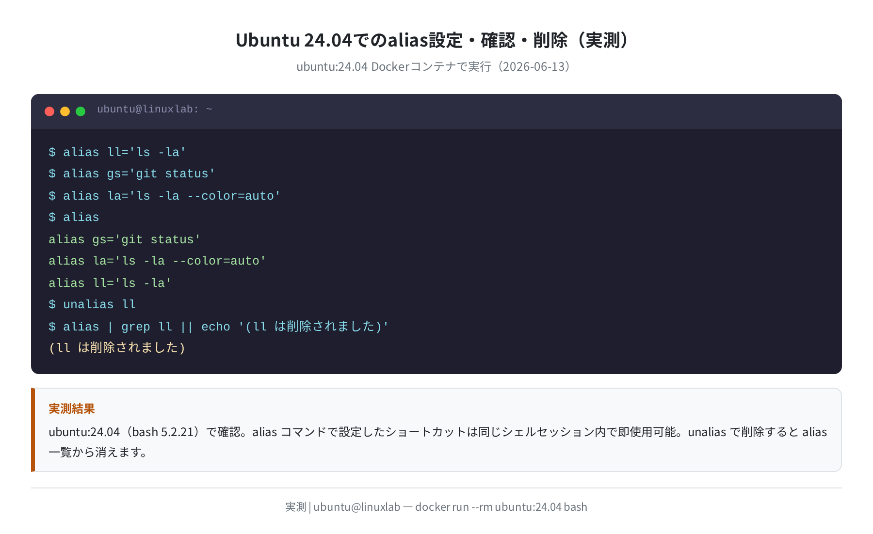 Ubuntu 24.04でのalias設定・確認・削除(実測)