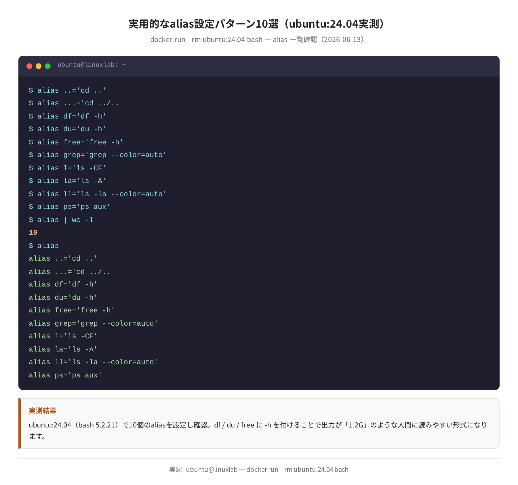 実用的なalias設定パターン10選(ubuntu:24.04実測)