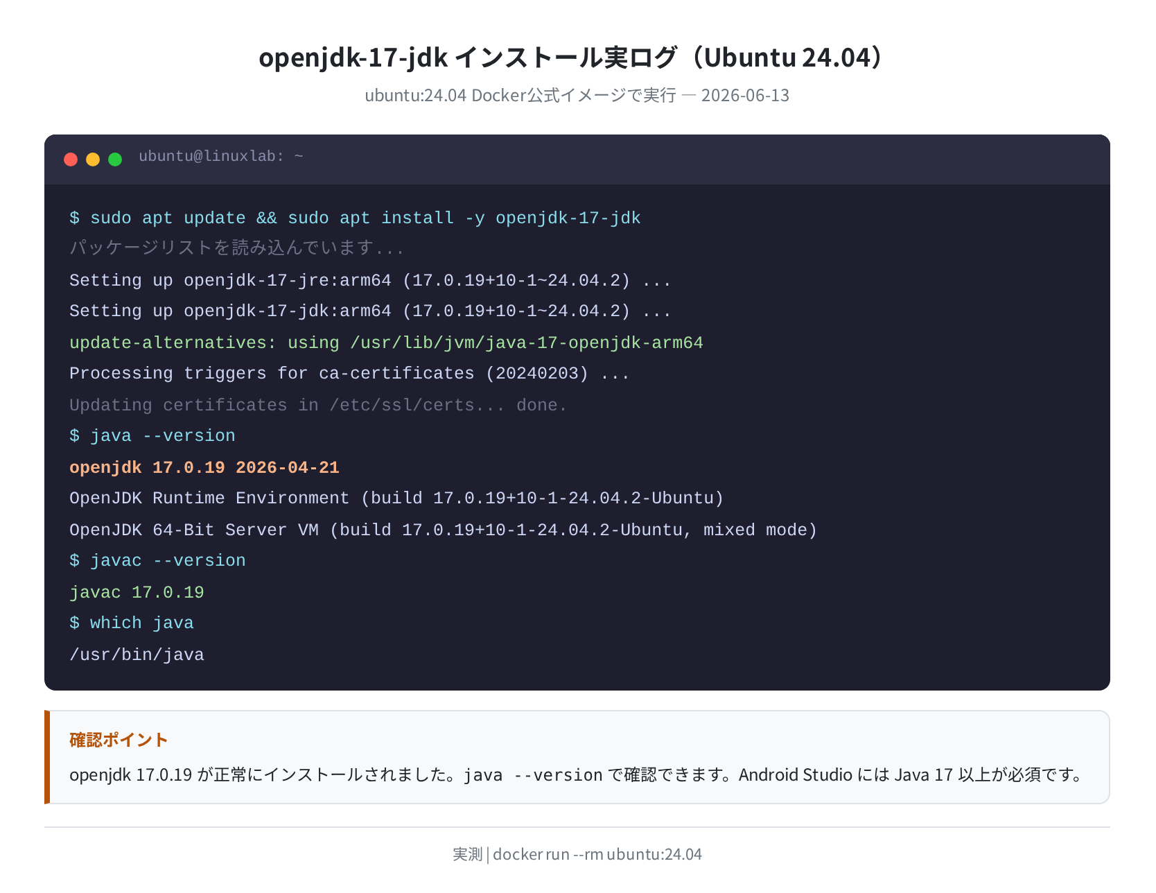 openjdk-17-jdk インストール実ログ（Ubuntu 24.04）