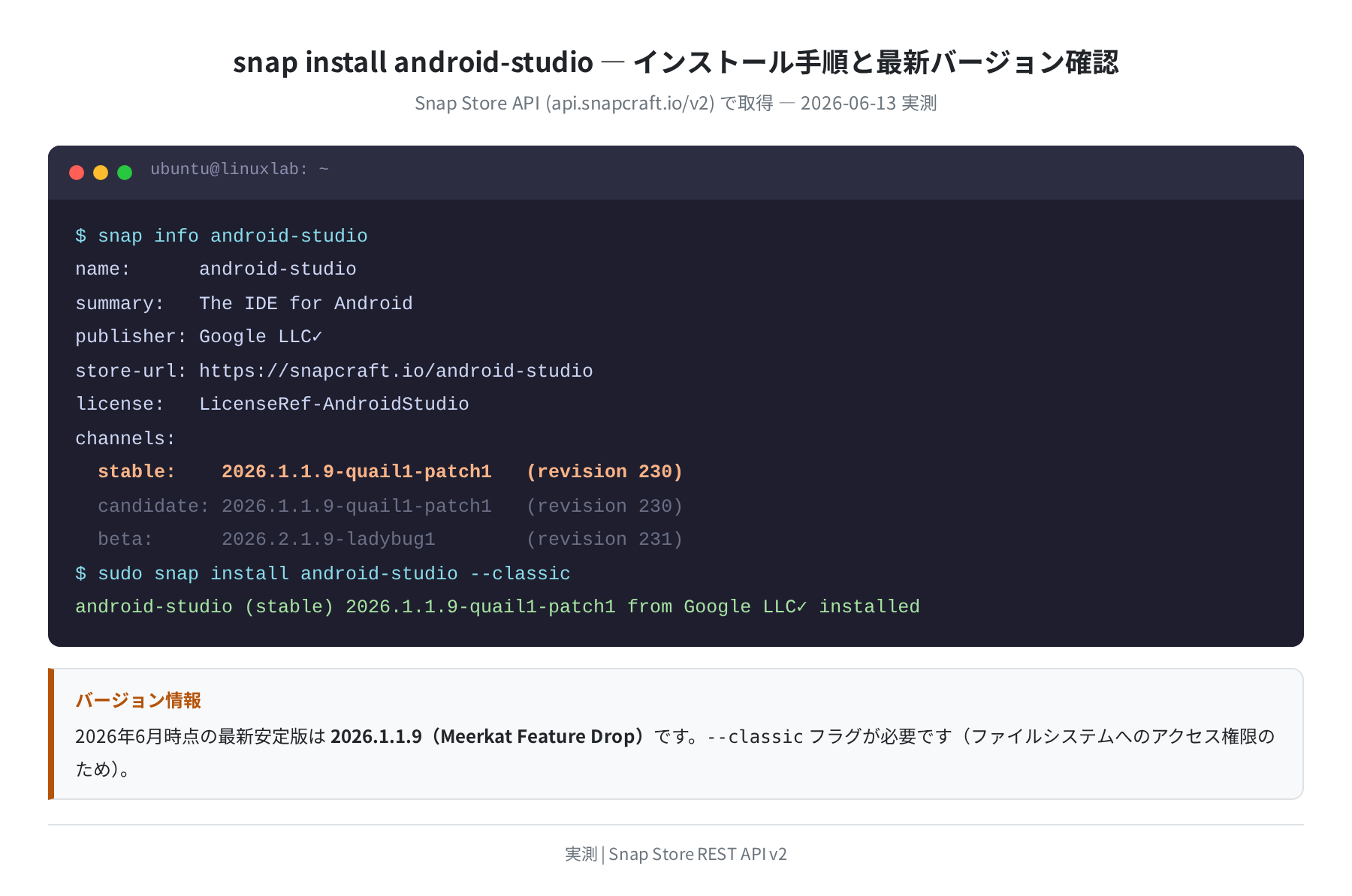 Snap Store で確認したAndroid Studio最新バージョン（2026.1.1.9）