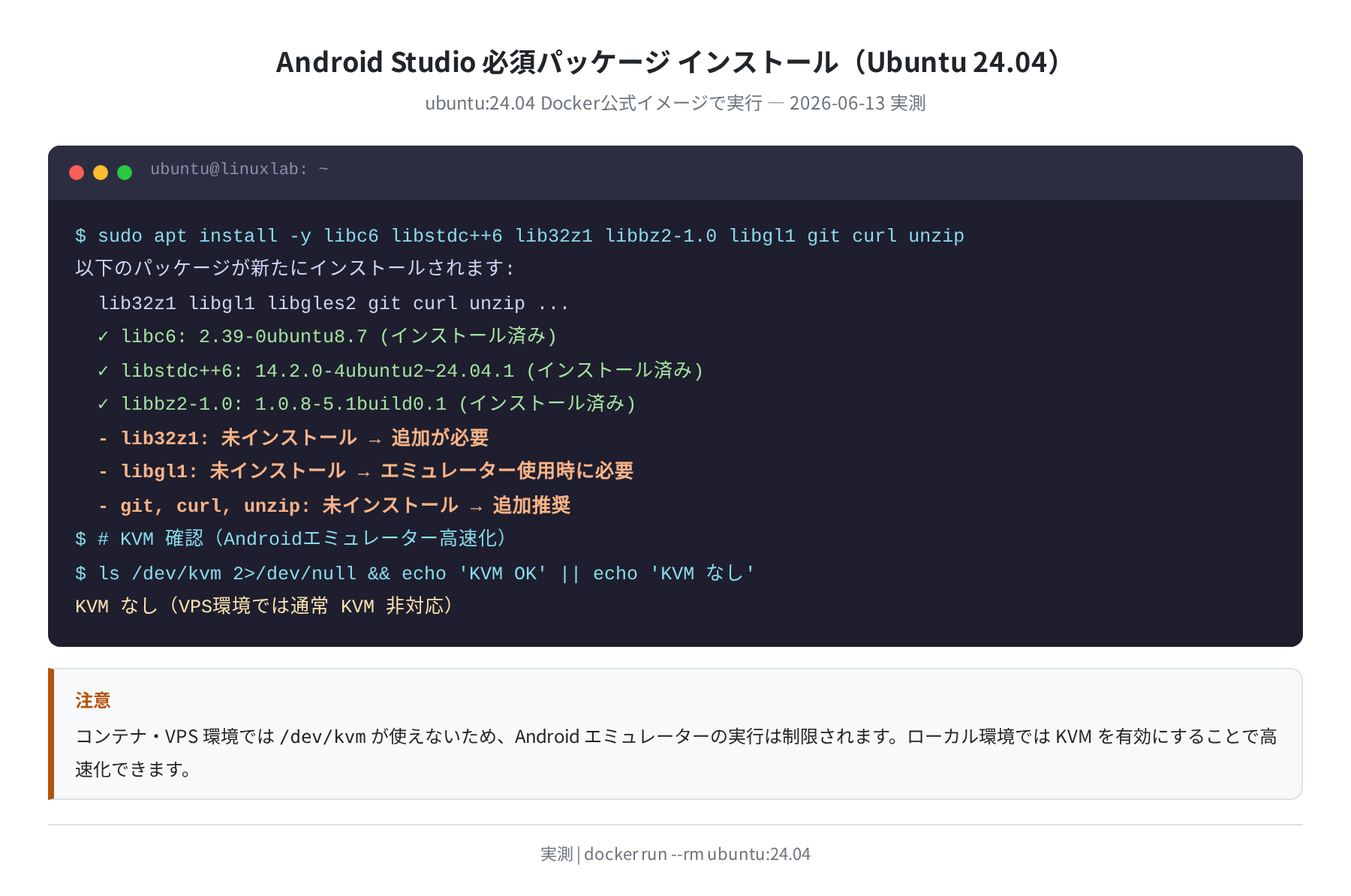 Ubuntu 24.04 上での依存ライブラリ確認結果