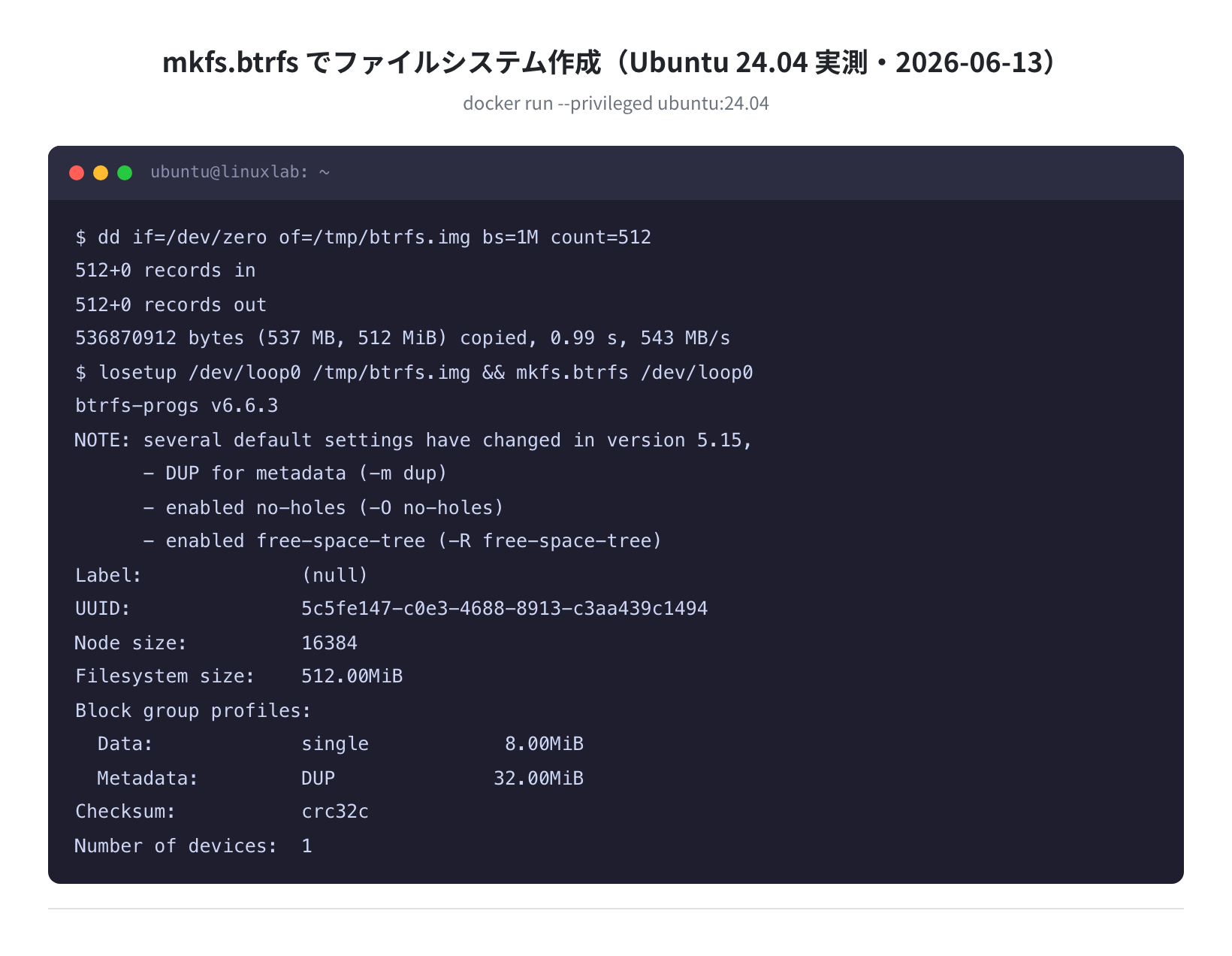 mkfs.btrfs でファイルシステム作成(Ubuntu 24.04 実測・2026-06-13)