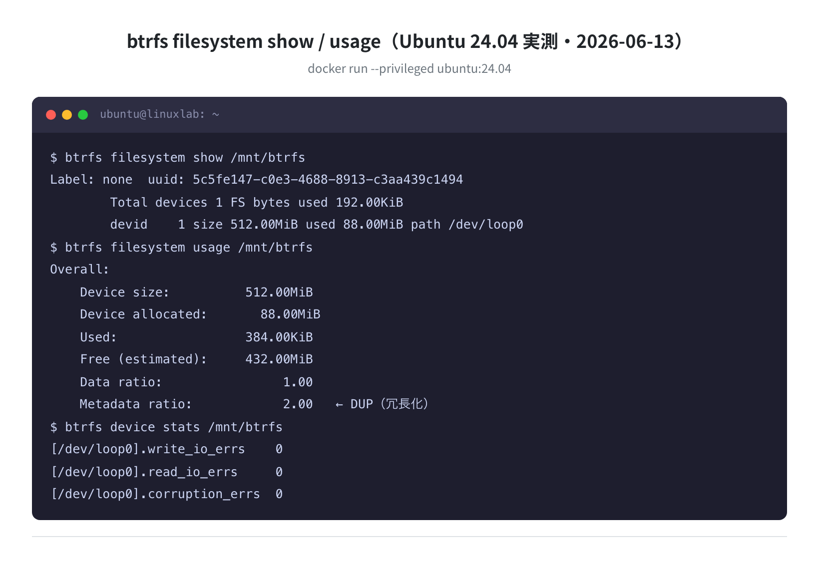btrfs filesystem show / usage(Ubuntu 24.04 実測・2026-06-13)