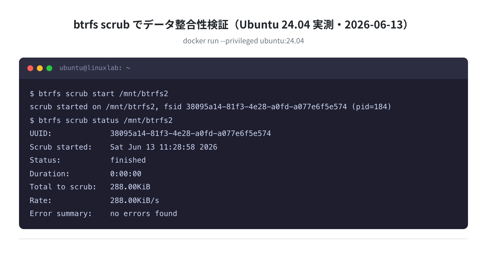 btrfs scrub でデータ整合性検証(Ubuntu 24.04 実測・2026-06-13)