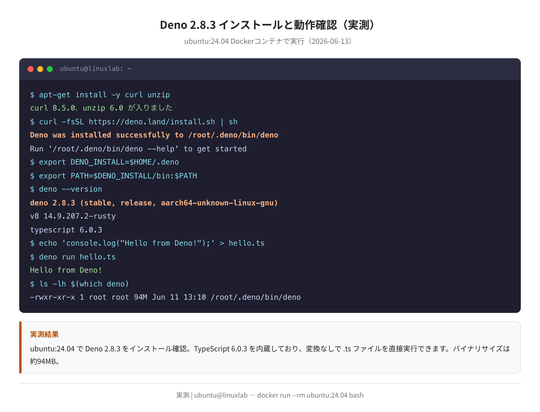 Deno 2.8.3 インストールと動作確認（実測）