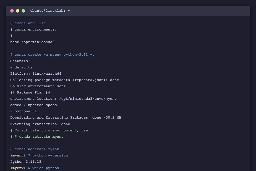 conda env listとactivate実行結果のターミナル画面