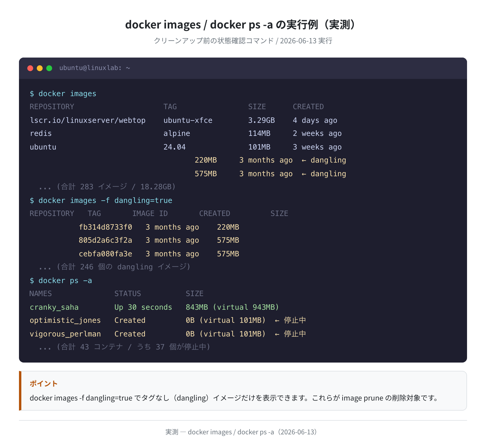 docker images と docker ps -a の実行例(実測)