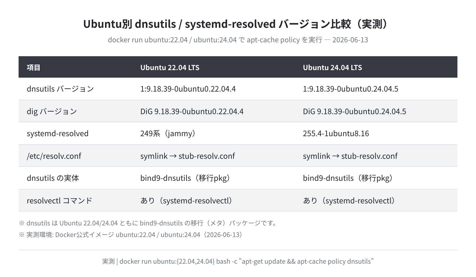 Ubuntu 22.04/24.04 の dnsutils バージョン比較（実測）