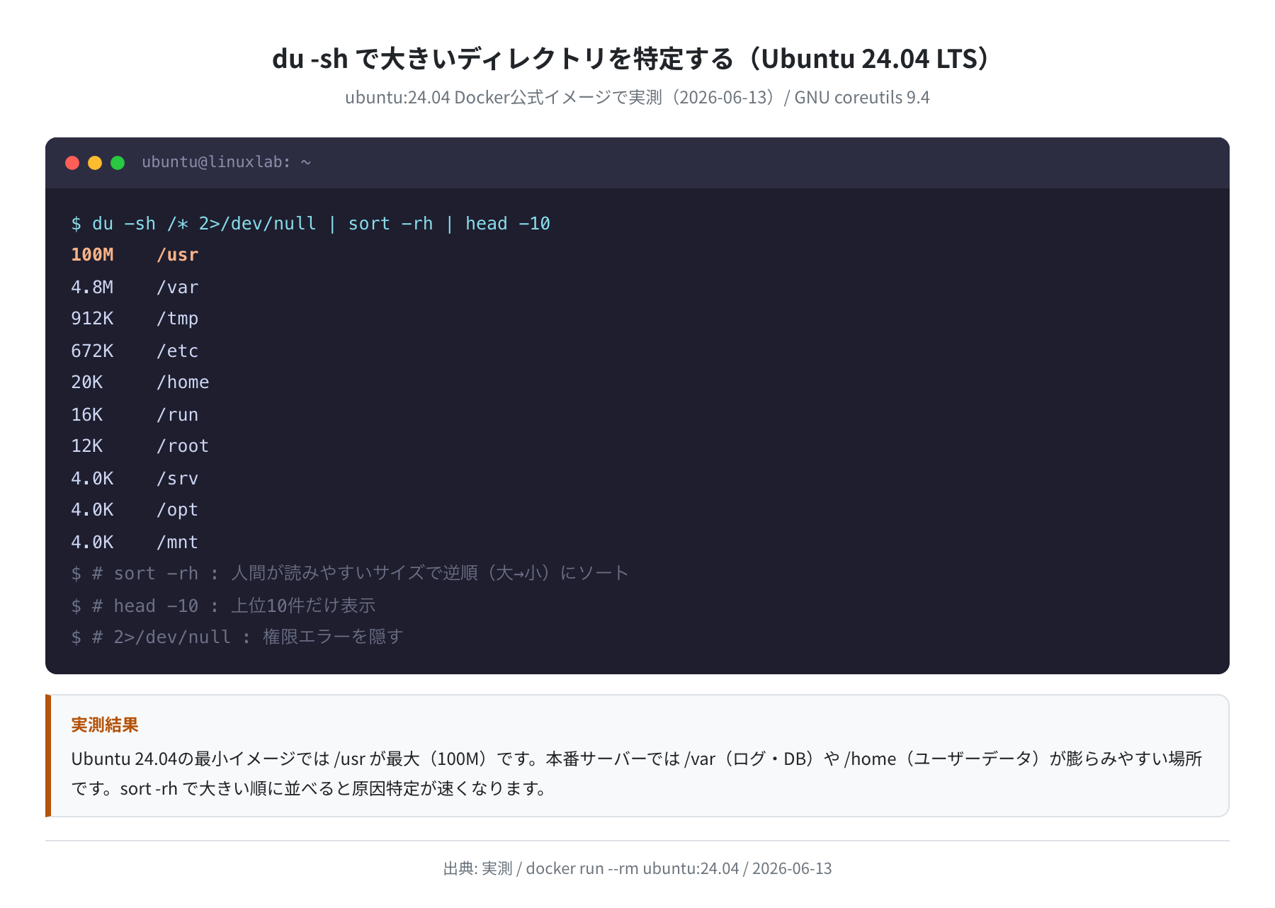 du sort による大きいディレクトリの特定（Ubuntu 24.04 LTS）実測
