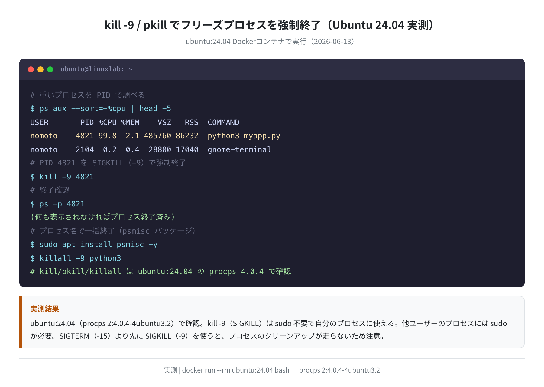 kill -9 コマンドのデモ(ubuntu:24.04 実測)