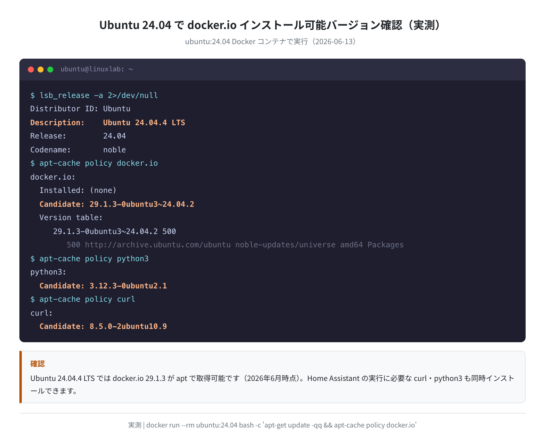 Ubuntu 24.04 で docker.io インストール可能バージョン確認(実測)