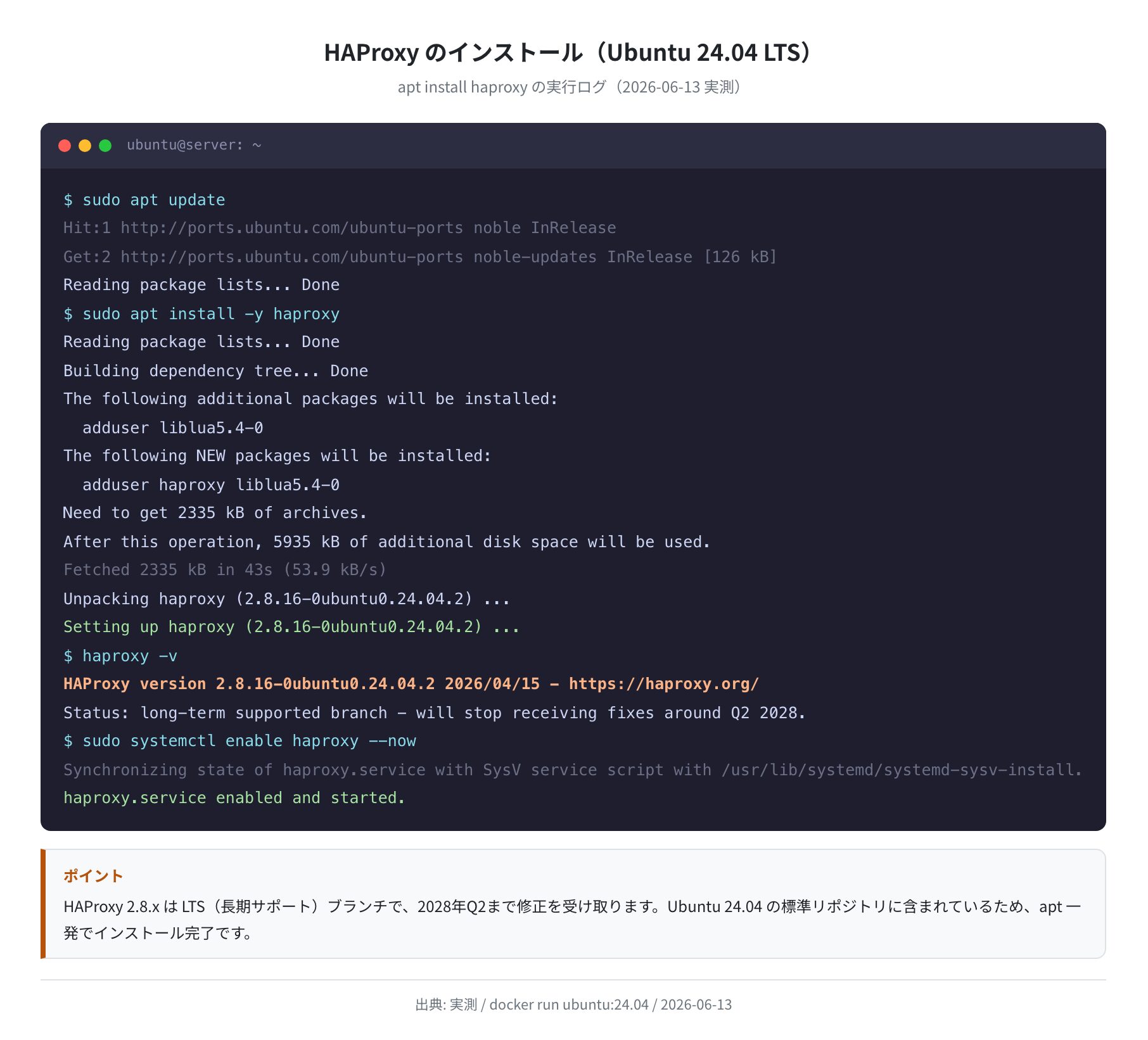 apt install haproxy の実行ログ（Ubuntu 24.04、実測）