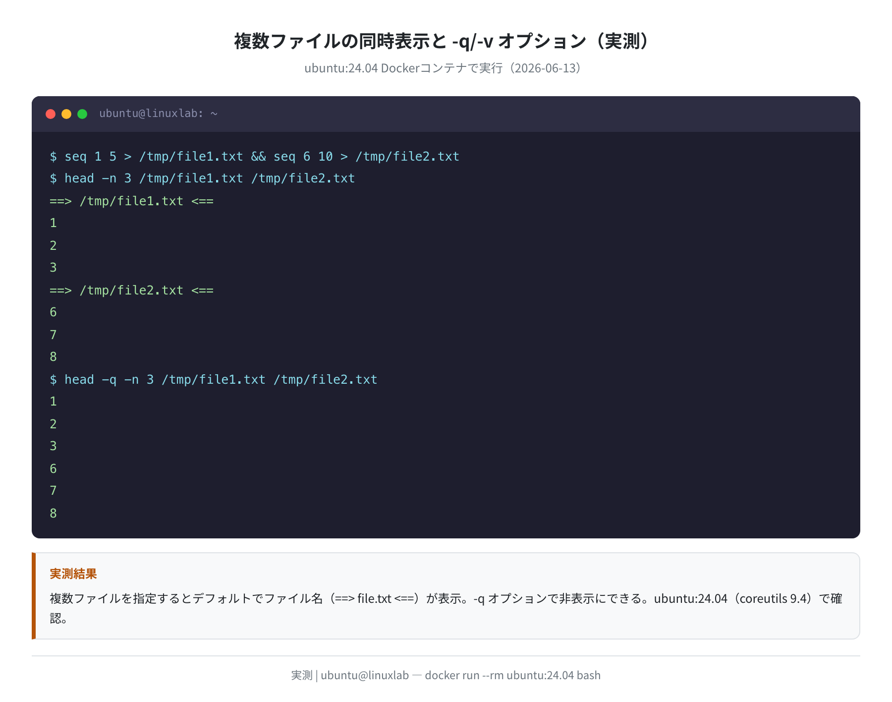 複数ファイル表示と-qオプション（実測・ubuntu:24.04）