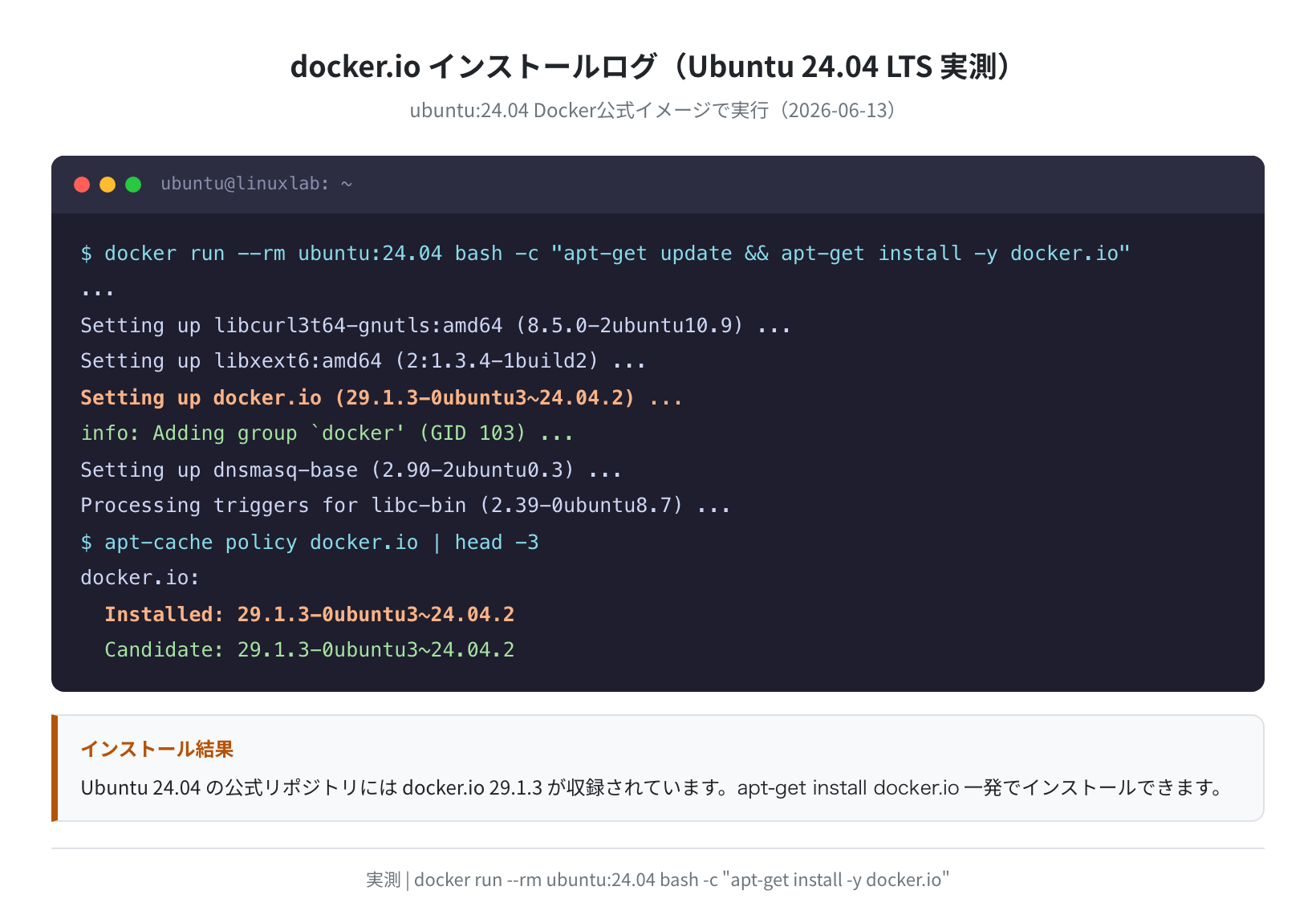 docker.io apt インストールログ（Ubuntu 24.04 実測）