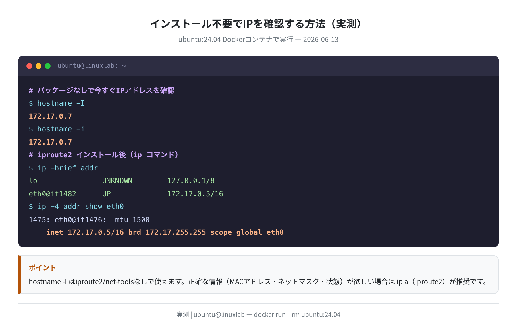 hostname -I と ip -brief addr の比較。インストール不要のコマンドと ip の出力