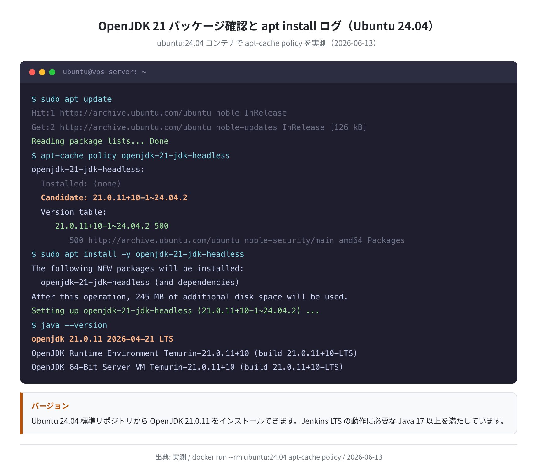 OpenJDK 21 パッケージ確認と apt install ログ(実測)