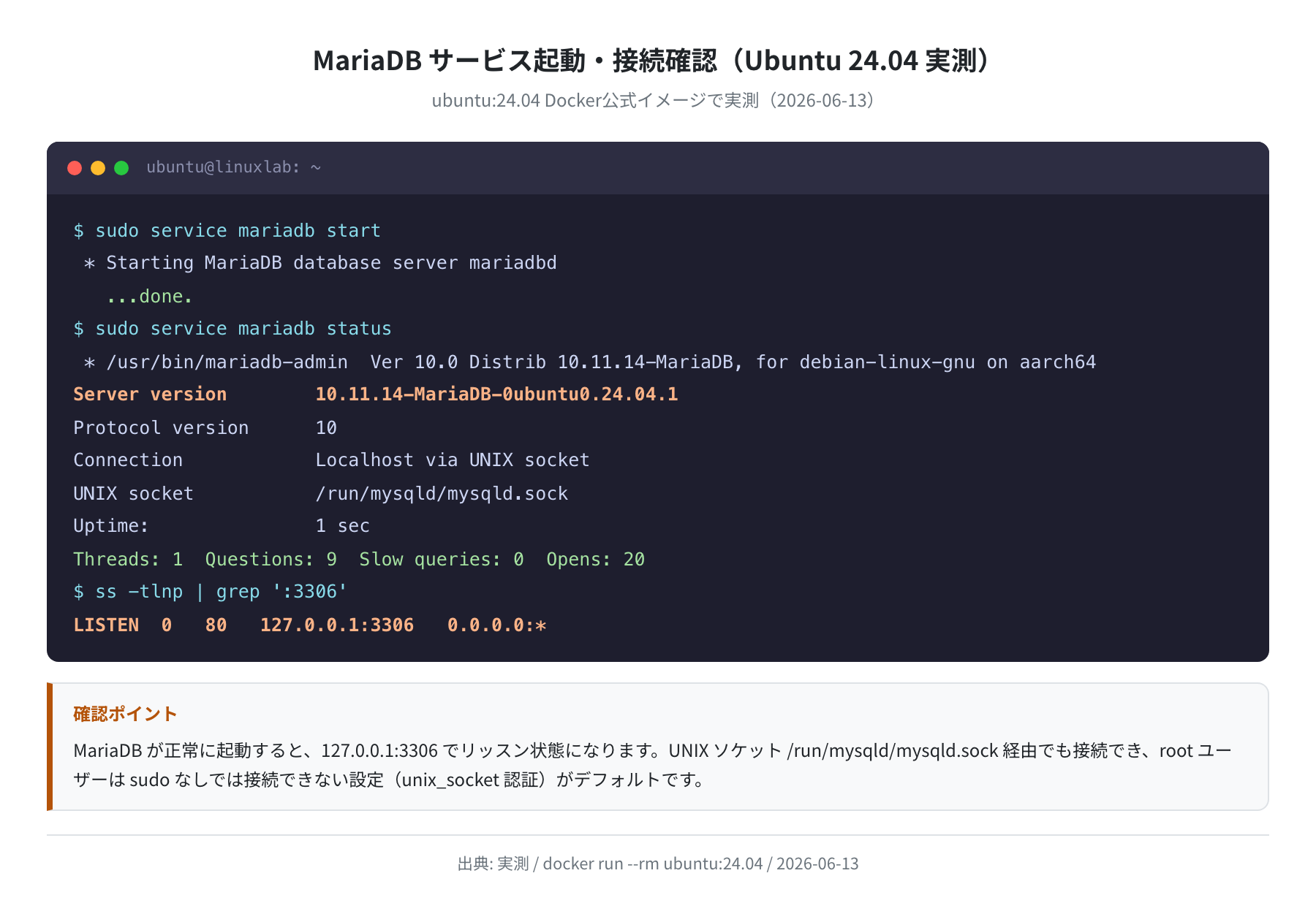 MariaDB サービス起動・ポート確認(Ubuntu 24.04 実測)