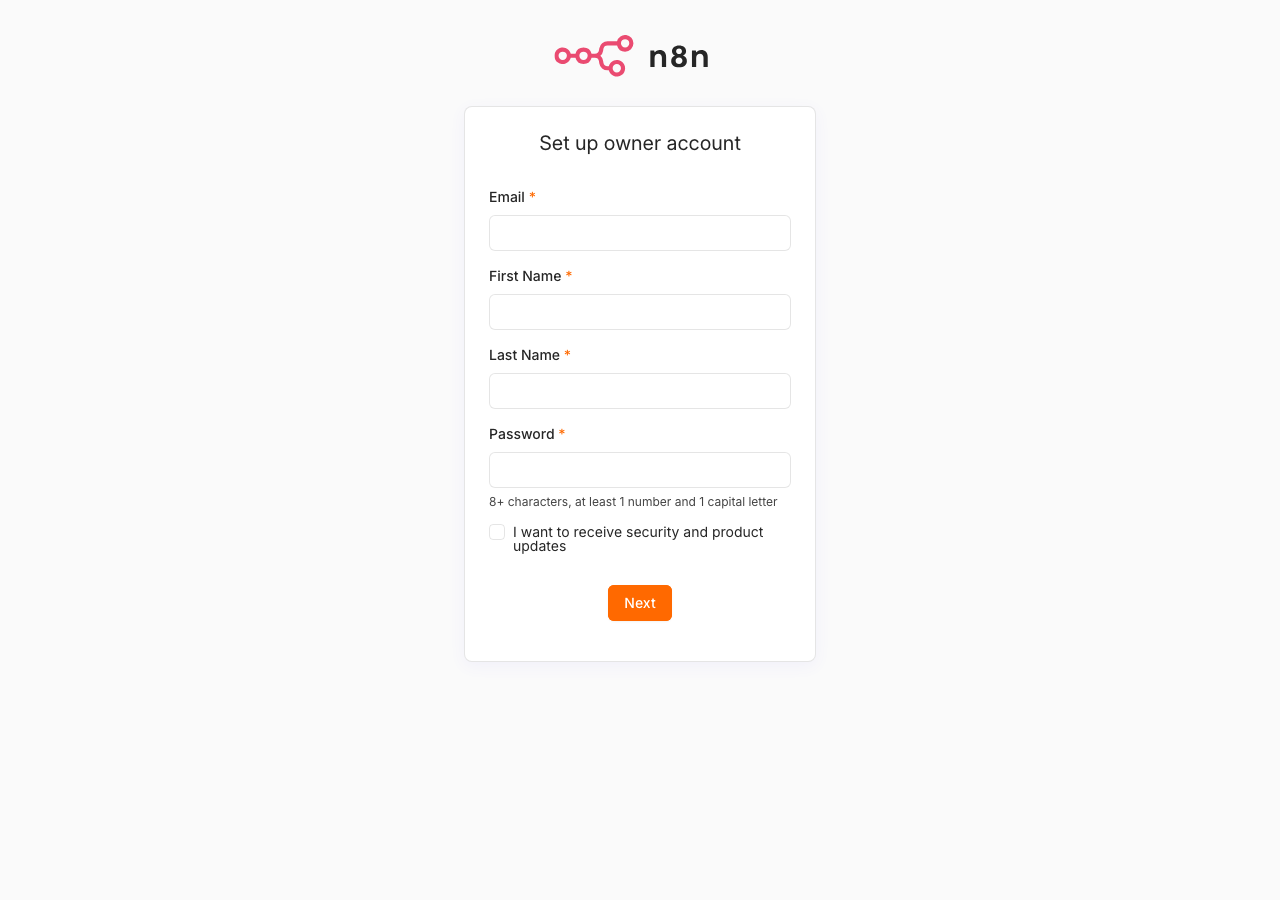 n8n 初回セットアップ画面（Set up owner account フォーム）