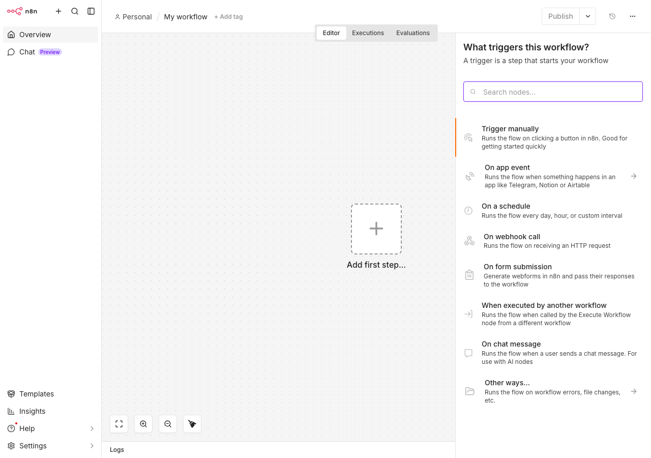 n8n ノード選択パネル（トリガー一覧：Trigger manually, On a schedule, On webhook call など）