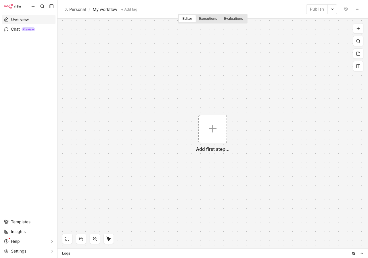 n8n ワークフローエディタ（空のキャンバス、Add first step...）