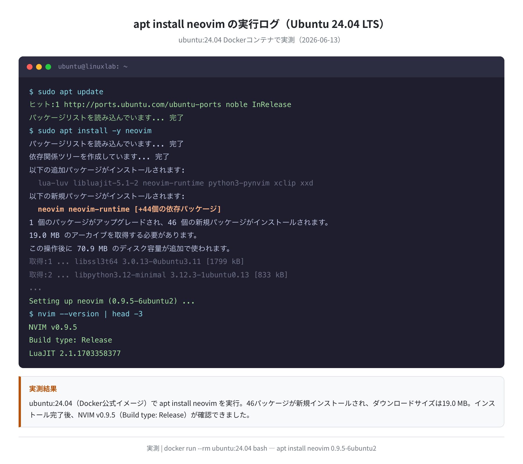 apt install neovim の実行ログ（Ubuntu 24.04 LTS）