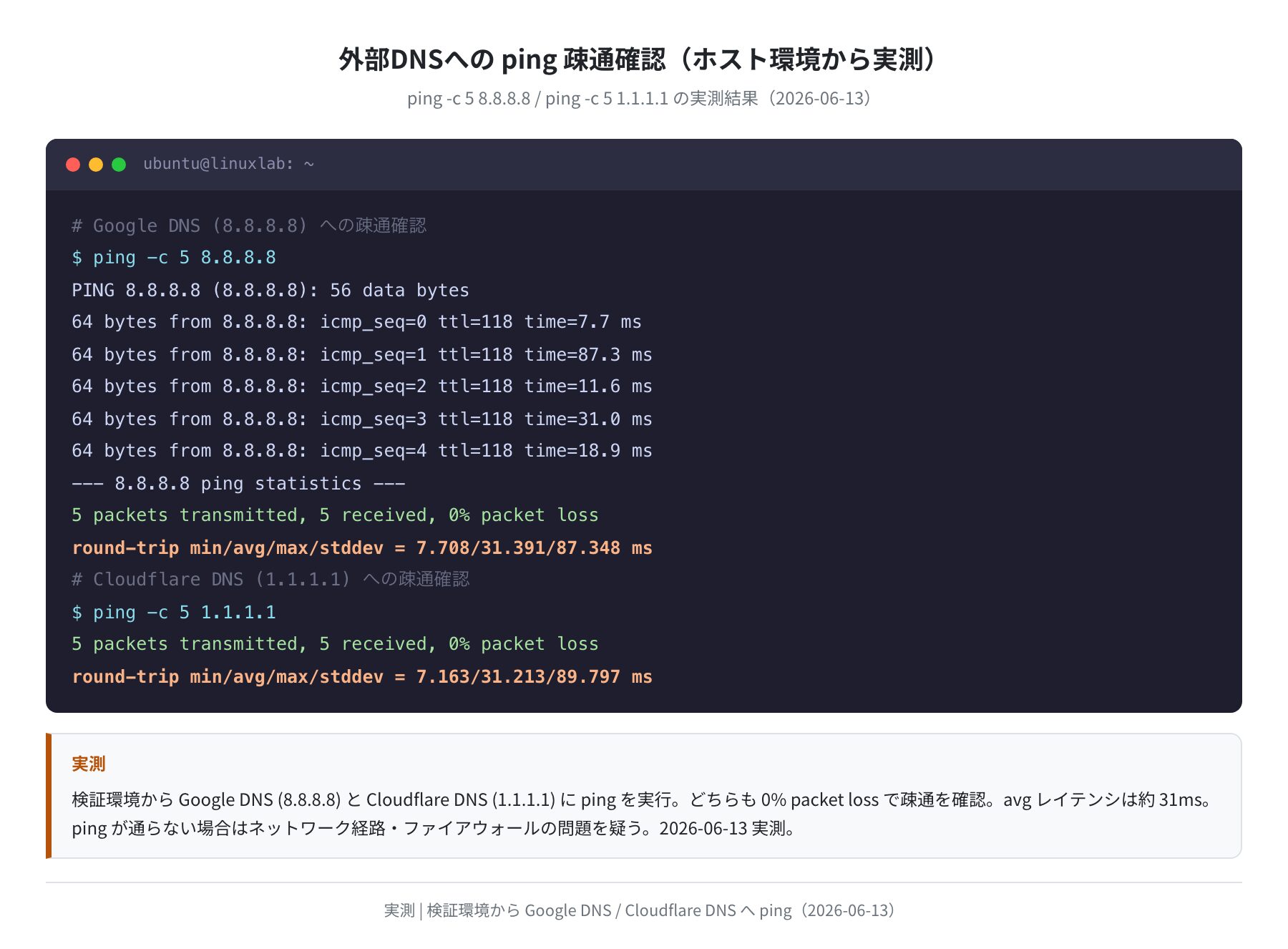 外部DNSへの ping 疎通確認（実測）