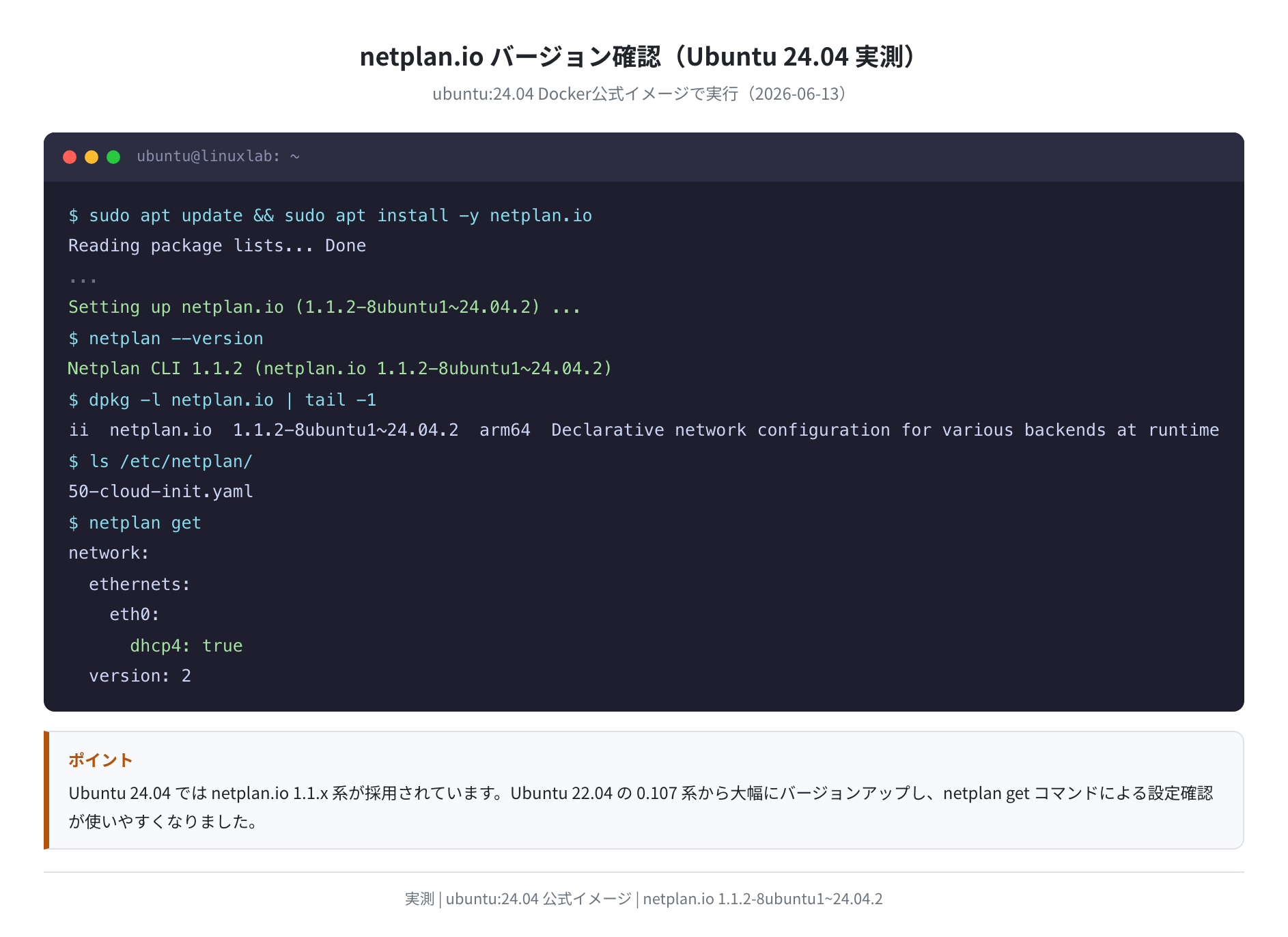 netplan --version の実行結果（ubuntu:24.04 公式イメージ、netplan.io 1.1.2-8ubuntu1~24.04.2）