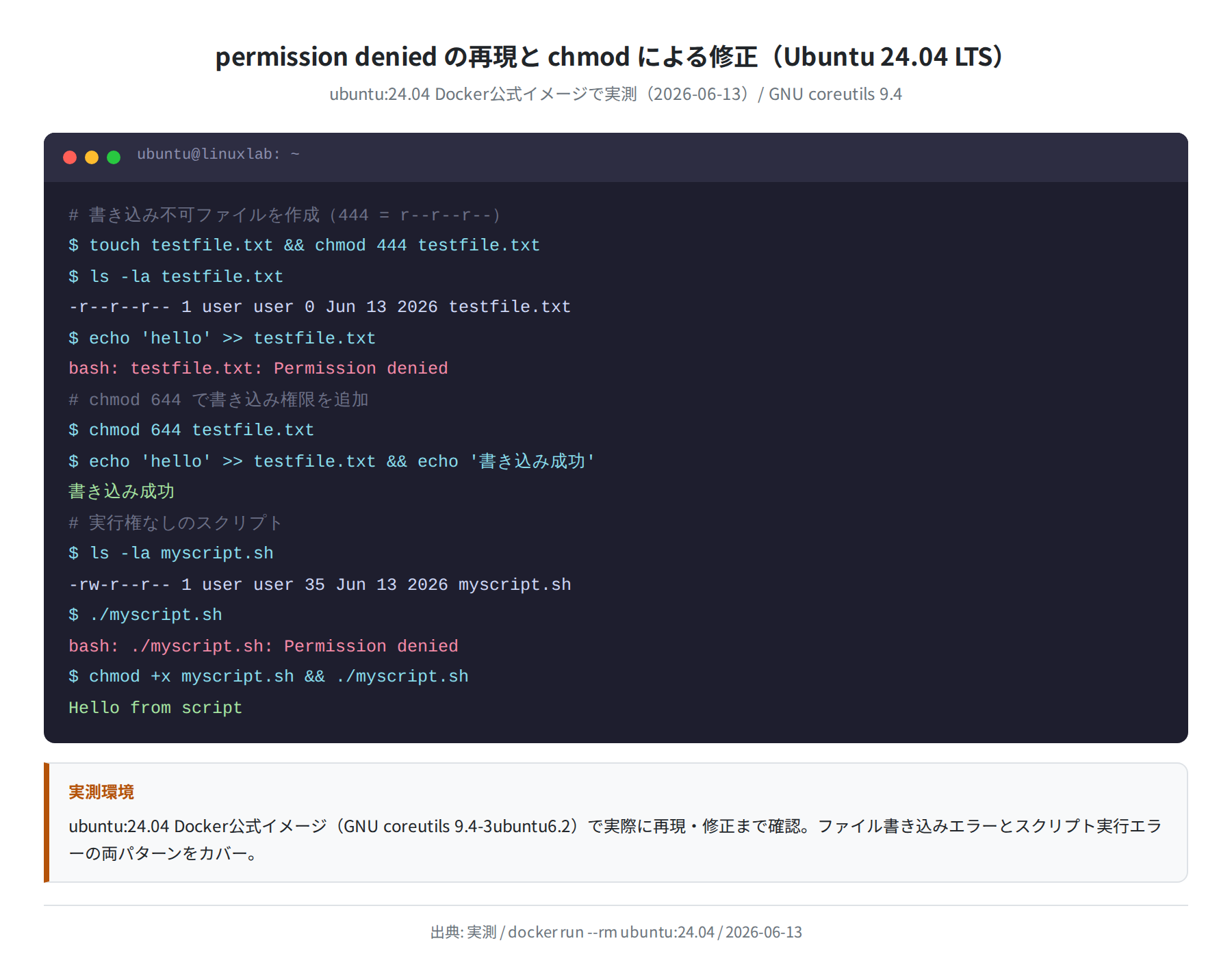 permission deniedの再現とchmodによる修正（ubuntu:24.04 実測）