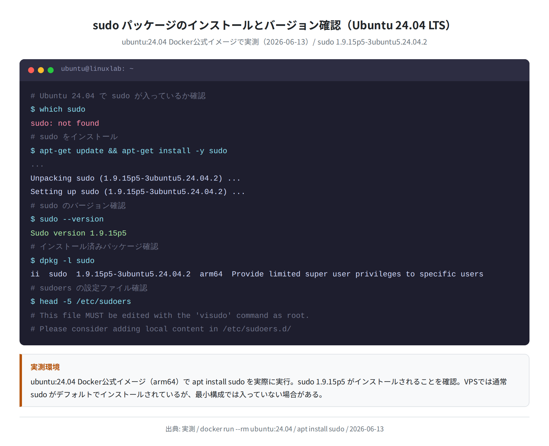 sudo パッケージのインストールとバージョン確認（ubuntu:24.04 実測）